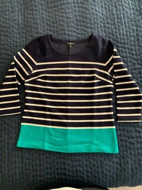 Talbots Navy and Cream Striped Long-Sleeve Top with Teal Hem
